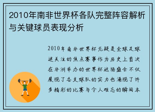 2010年南非世界杯各队完整阵容解析与关键球员表现分析