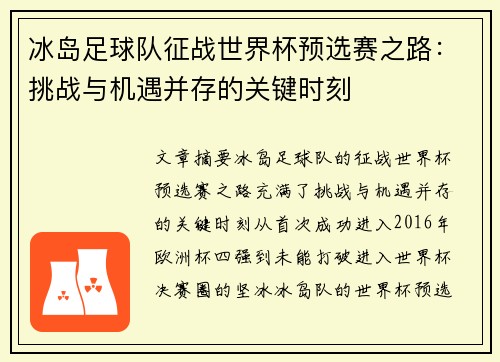 冰岛足球队征战世界杯预选赛之路：挑战与机遇并存的关键时刻